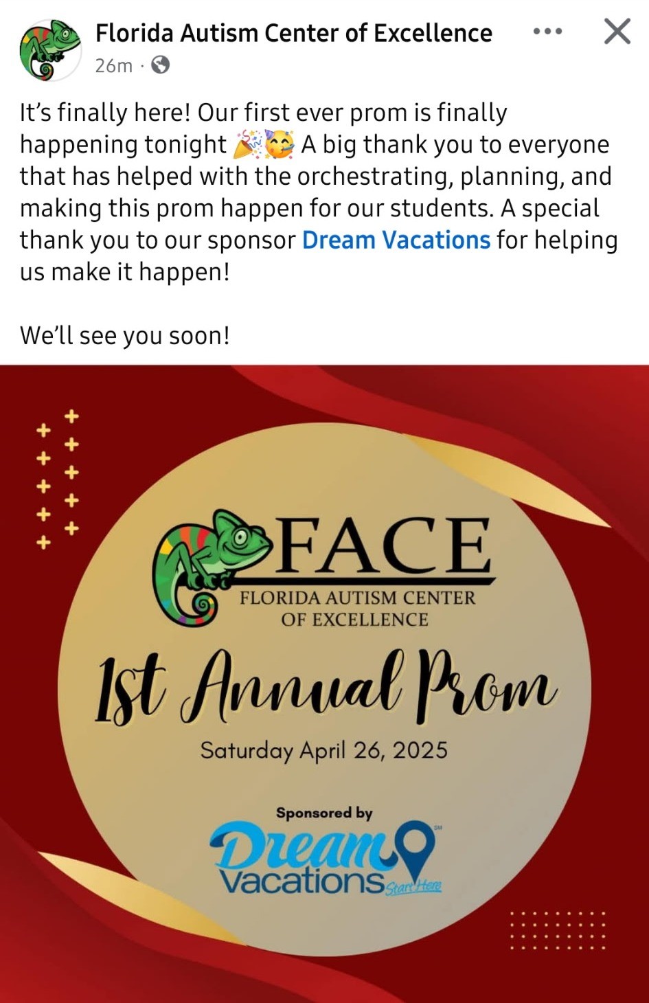 FACE's 1st Annual Prom announcement, sponsored by Dream Vacations